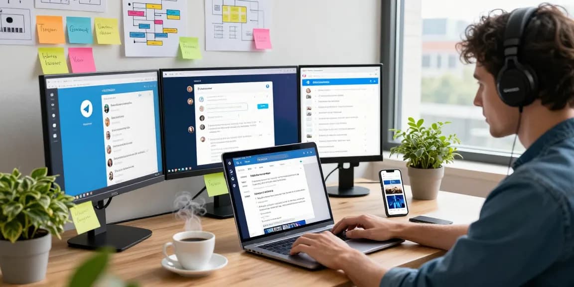 Engaging with Telegram web version in a lively office environment, showcasing dynamic teamwork and tech-savvy productivity.