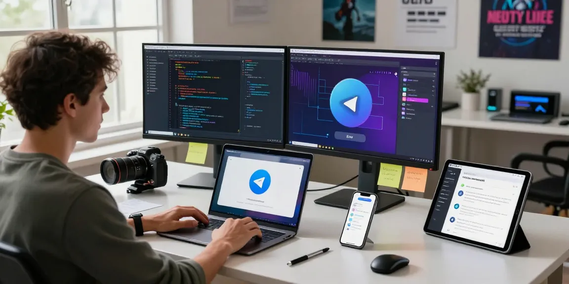 Downloading Telegram app on a modern workspace, innovative tech environment.