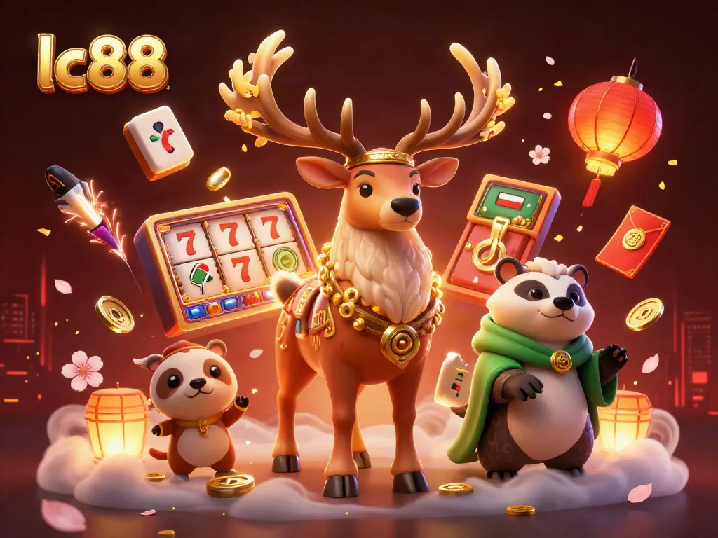 Engage in the excitement of lc88 with vivid slot reels and enchanting characters in a captivating 3D casino scene.