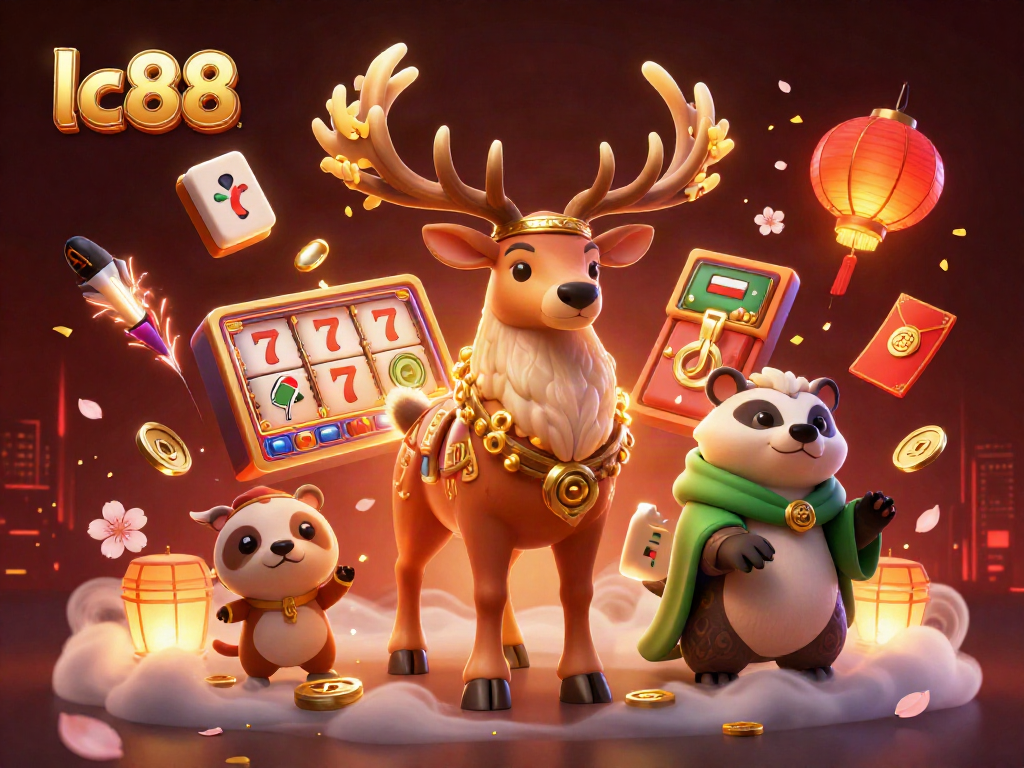 Engage in the excitement of lc88 with vivid slot reels and enchanting characters in a captivating 3D casino scene.