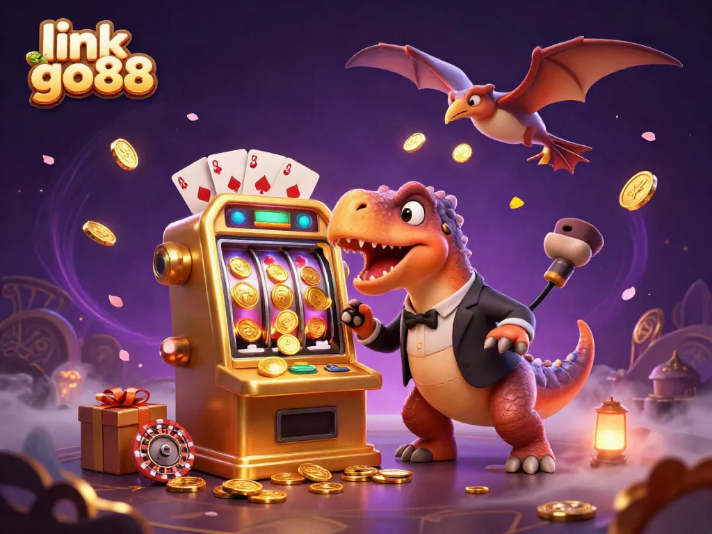 Spin the slots with link go88 as a cartoon dinosaur triggers a jackpot in a vibrant casino scene.