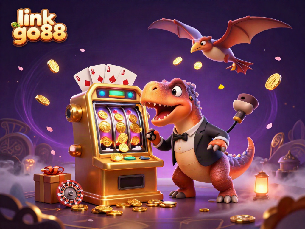 Spin the slots with link go88 as a cartoon dinosaur triggers a jackpot in a vibrant casino scene.