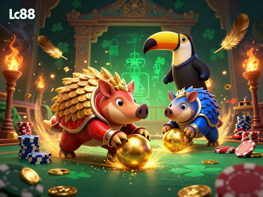 Experience the excitement of Lc88 with rival pangolins bowling through poker chips in a vibrant casino scene.