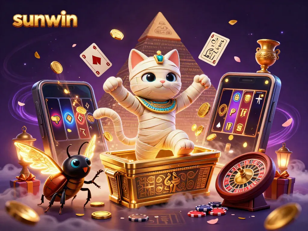Experience thrilling adventures at sunwin with an Egyptian mummy cat bursting from a sarcophagus in a vibrant casino