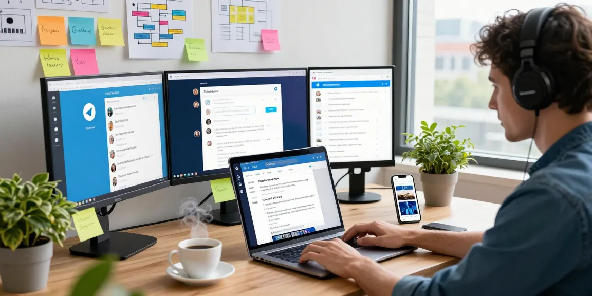 Engaging with Telegram web version in a lively office environment, showcasing dynamic teamwork and tech-savvy productivity.