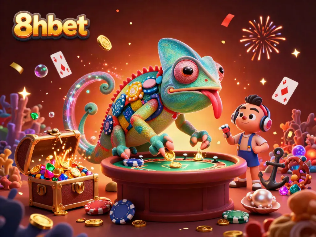 Experience 8xbet's thrilling casino action with a vibrant 3D chameleon owner and dynamic gaming elements.